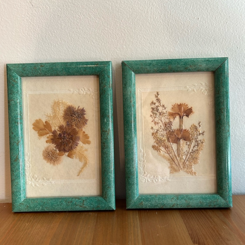 Vintage Floral Pressed Art in Teal Frames set of 2